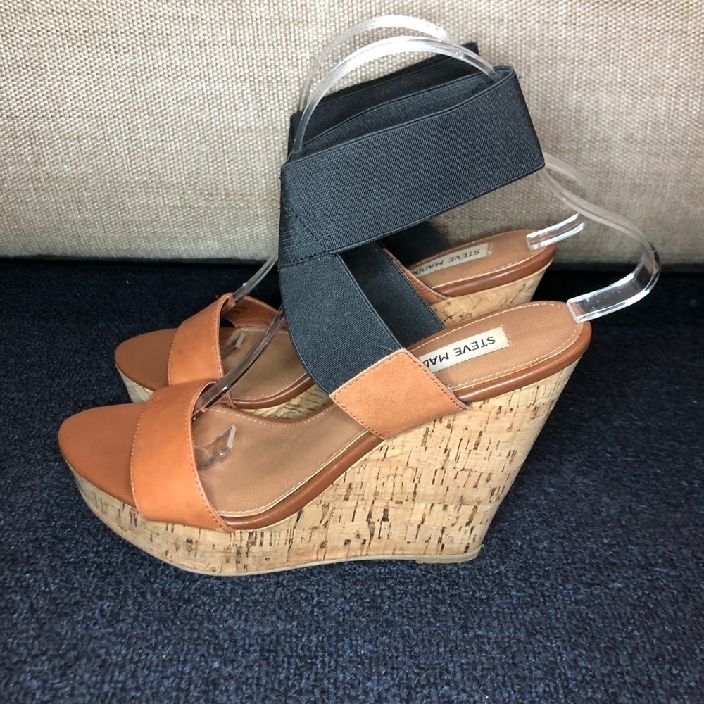 Steve Madden Roperr Brown & Black Strap Cork Wedges Size 7.5